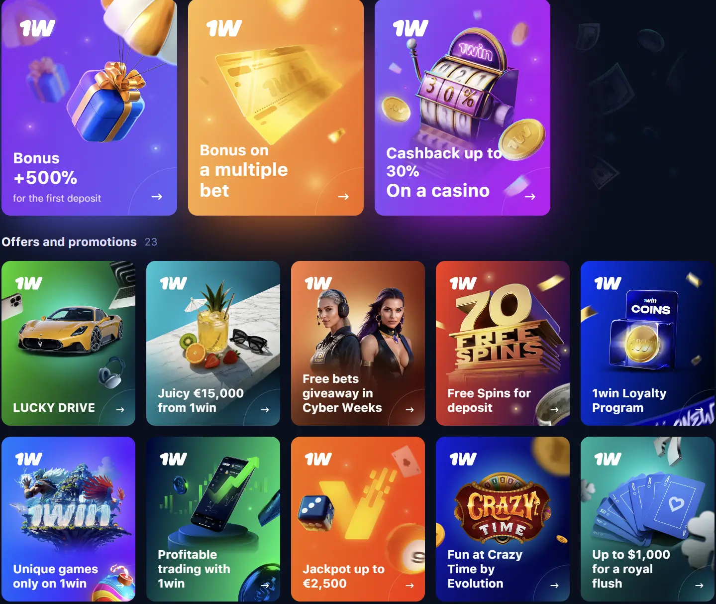 The image displays a collection of promotional banners for the 1win platform, highlighting various offers like deposit matches, cashback, free spins, and loyalty programs.