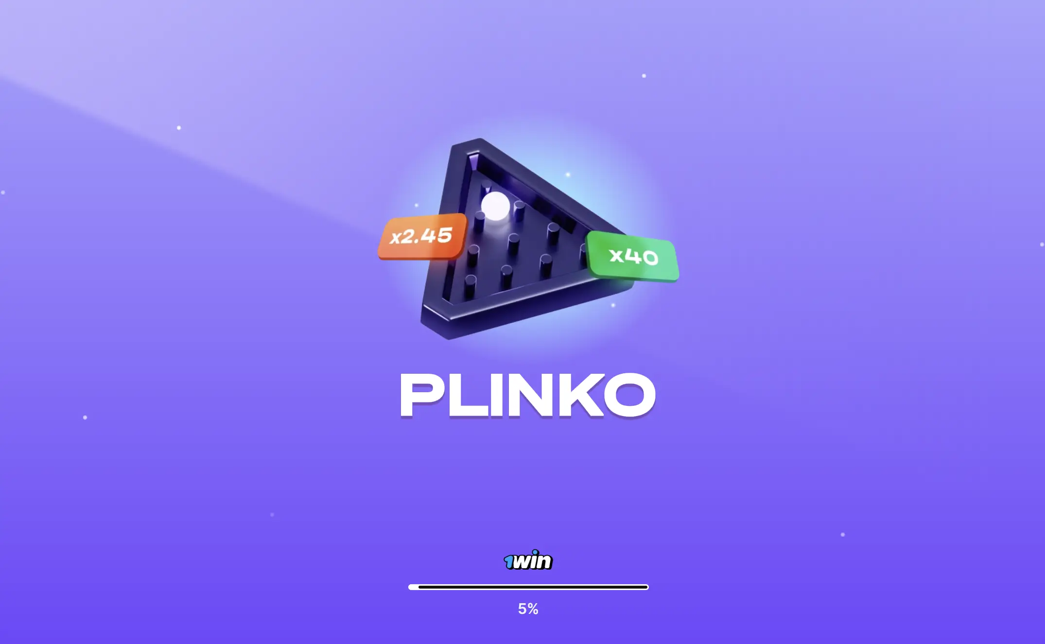 Loading screen of the Plinko game on a purple background showing potential win multipliers (x2.45 and x40) with a progress bar at 5%.