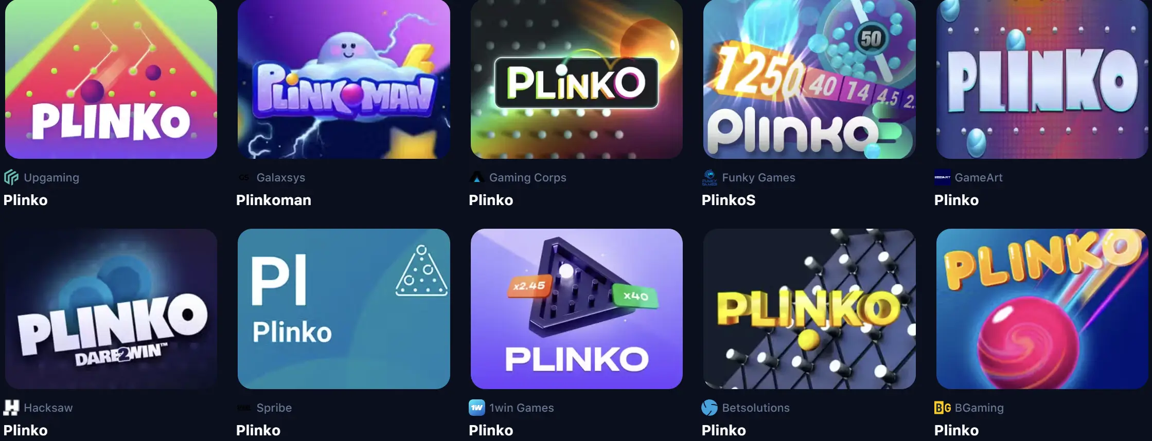 Selection of different Plinko-themed games offered on a platform, presented with their distinct branding and provider names.