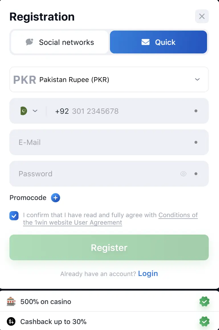 Registration form on 1win allowing users to select currency (PKR), enter phone number, email, and password, with an option to apply a promo code. Users must agree to the website's terms and conditions.