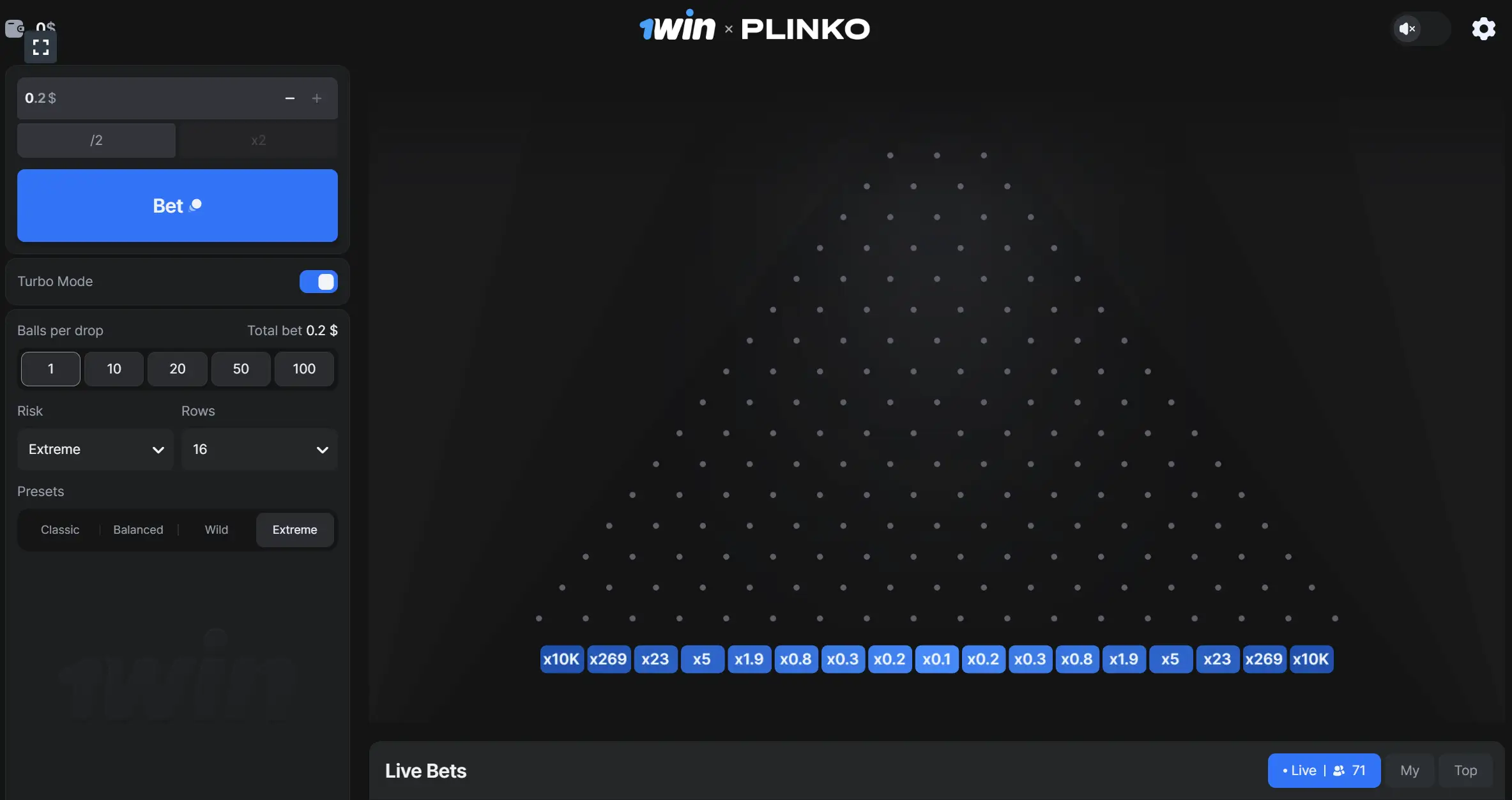 The Plinko game interface with a $0.2 bet, turbo mode enabled, and "Extreme" risk level selected with 16 rows. Possible win multipliers range from x0.1 to x10,000 displayed at the bottom.